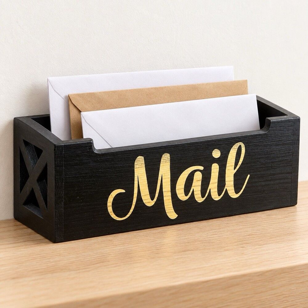 Black Wood Wall Mount Mail Organizer Holder Gold Script Farmhouse Entryway Decor